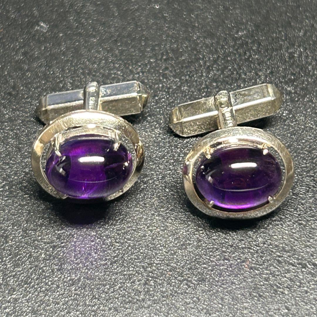 天然石　大粒アメジスト？　14KWG　14金ホワイトゴールド　カフリンクス