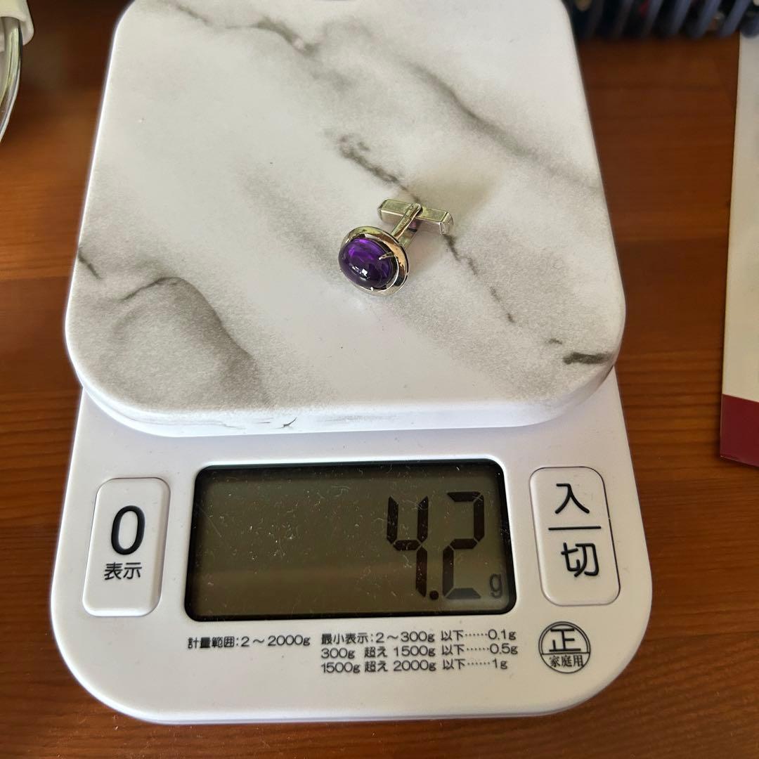 天然石　大粒アメジスト？　14KWG　14金ホワイトゴールド　カフリンクス