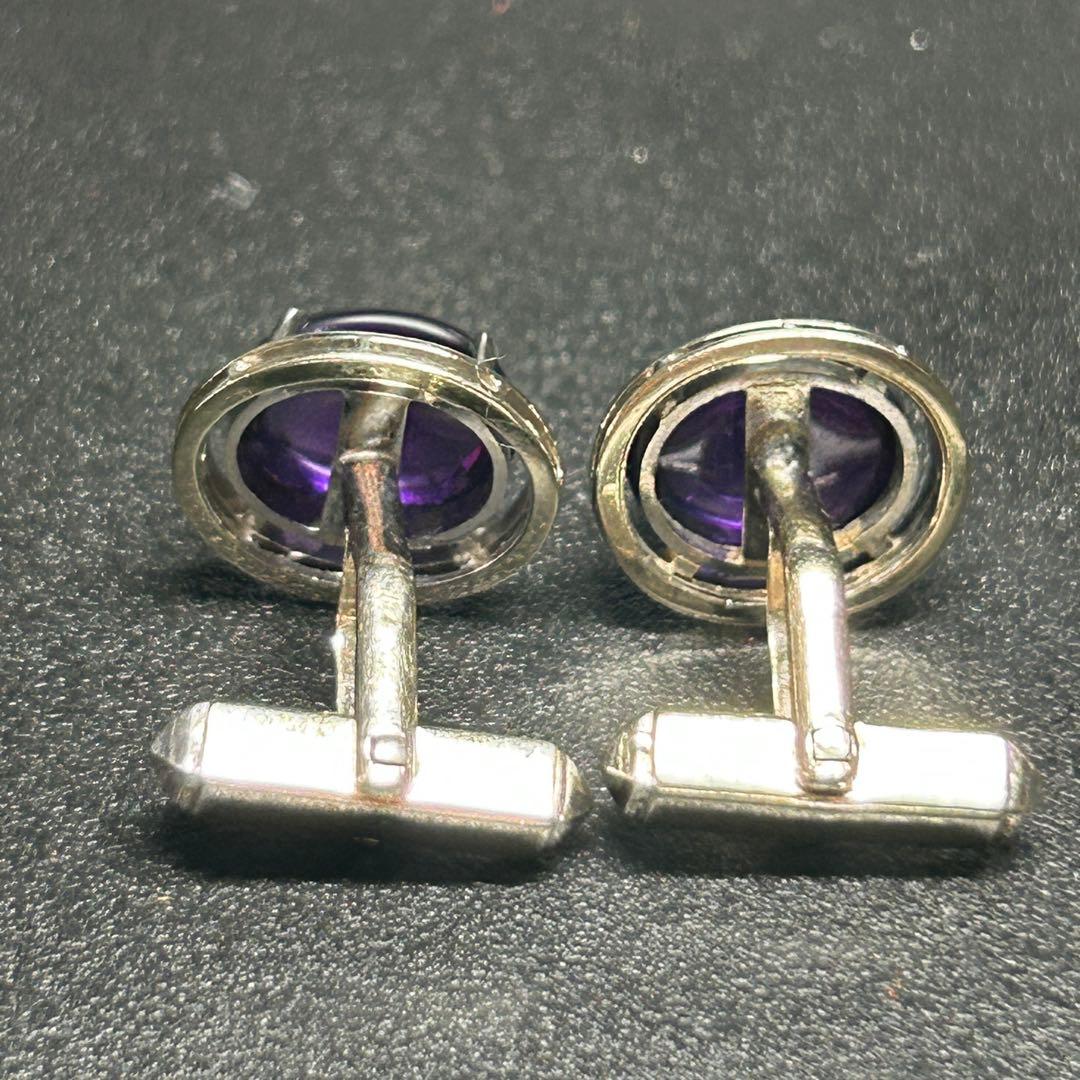 天然石　大粒アメジスト？　14KWG　14金ホワイトゴールド　カフリンクス