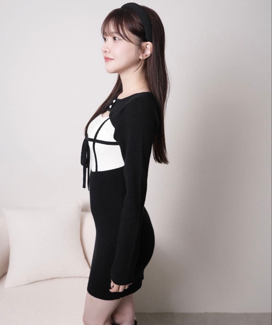 LIP SERVICE オープンバイカラーリボンニットワンピース S ブラック