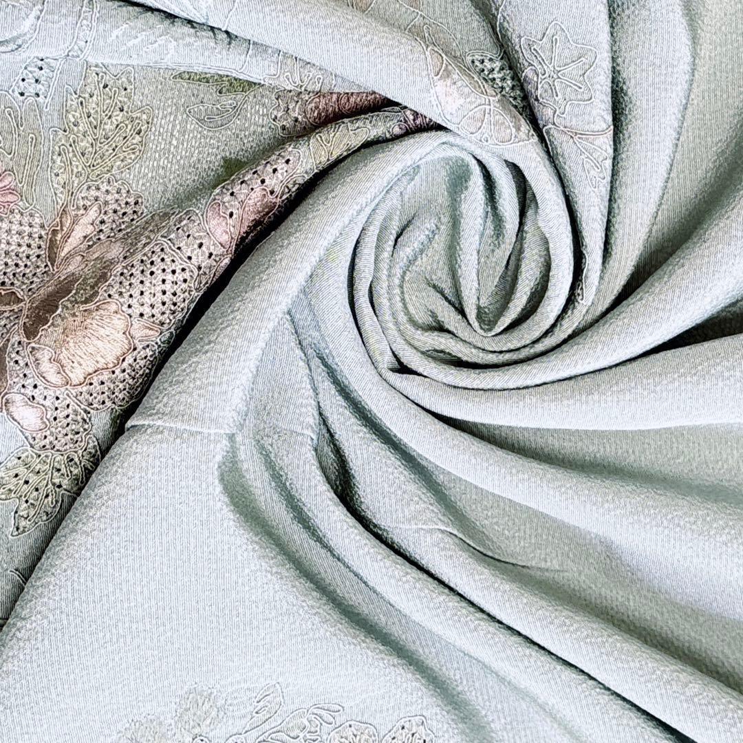 A143愛華 着物 付け下げ袷刺繍　スワト　錆青磁　フォーマル　身丈162cm