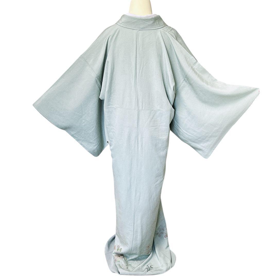 A143愛華 着物 付け下げ袷刺繍　スワト　錆青磁　フォーマル　身丈162cm