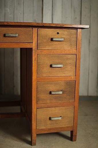 古い木製の片袖机　引き出し5杯　ワークデスク