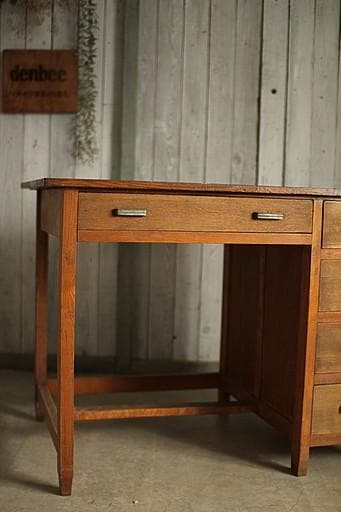 古い木製の片袖机　引き出し5杯　ワークデスク