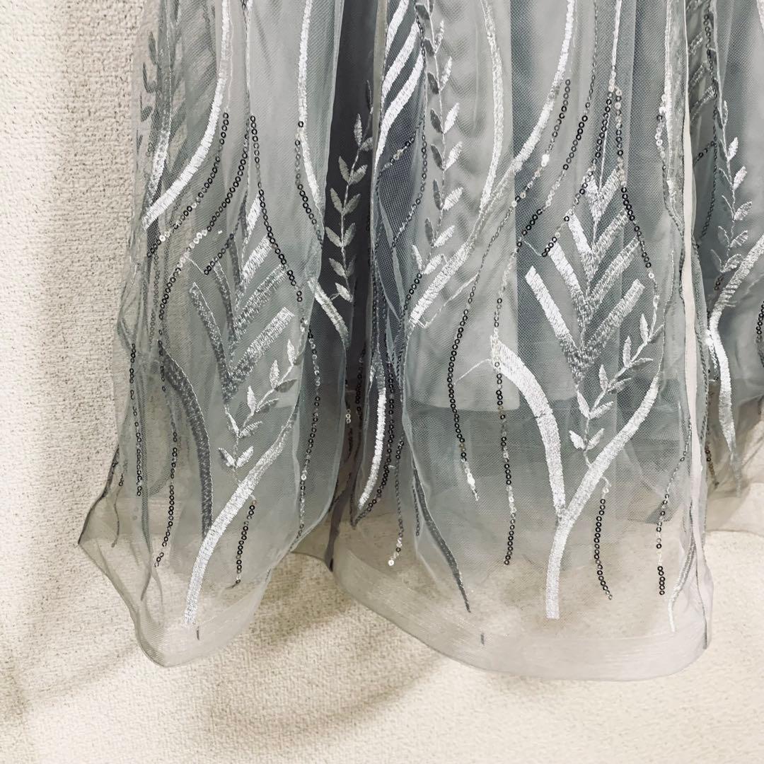 LEJA スパンコール刺繍レースプチハイネックフリルロングドレスワンピース