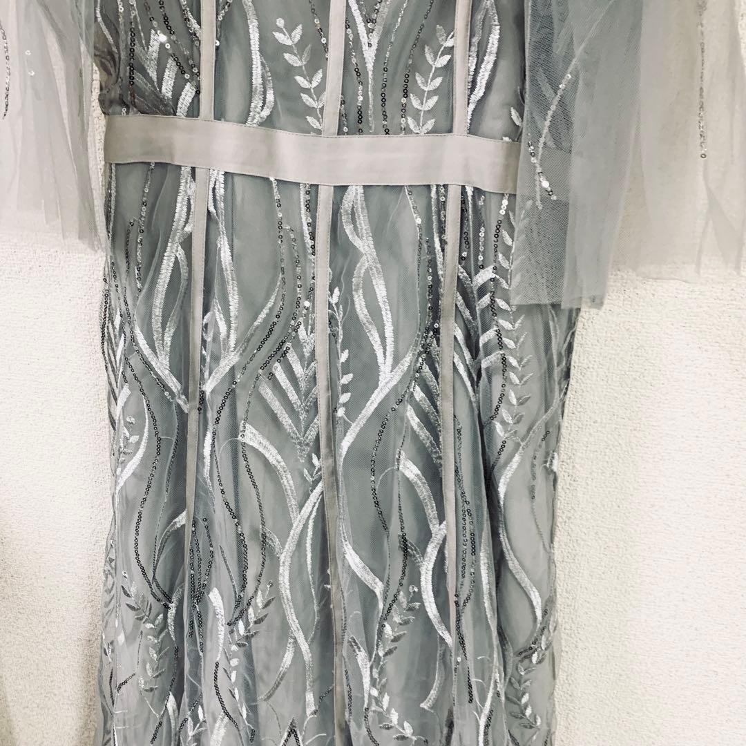 LEJA スパンコール刺繍レースプチハイネックフリルロングドレスワンピース