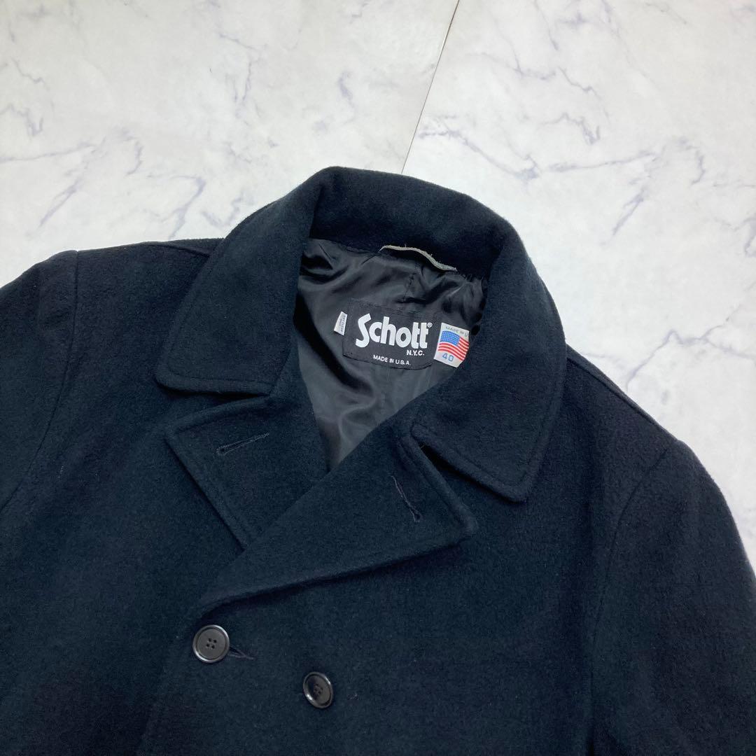 希少 Schott メルトンウール ロングコート ダブルブレスト 40 ブラック