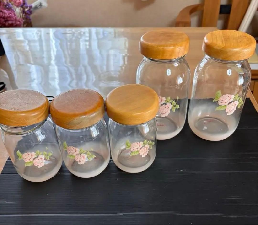 未使用ビンテージ❣️旧イマン ダイアナローズ ガラス木蓋キャニスター５個訳有特価