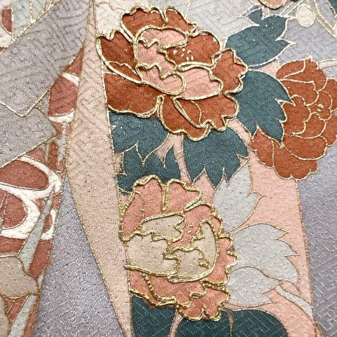 付け下げ　金通し　金駒刺繍　熨斗　牡丹　菖蒲　菊　グレー系　着物　062w d