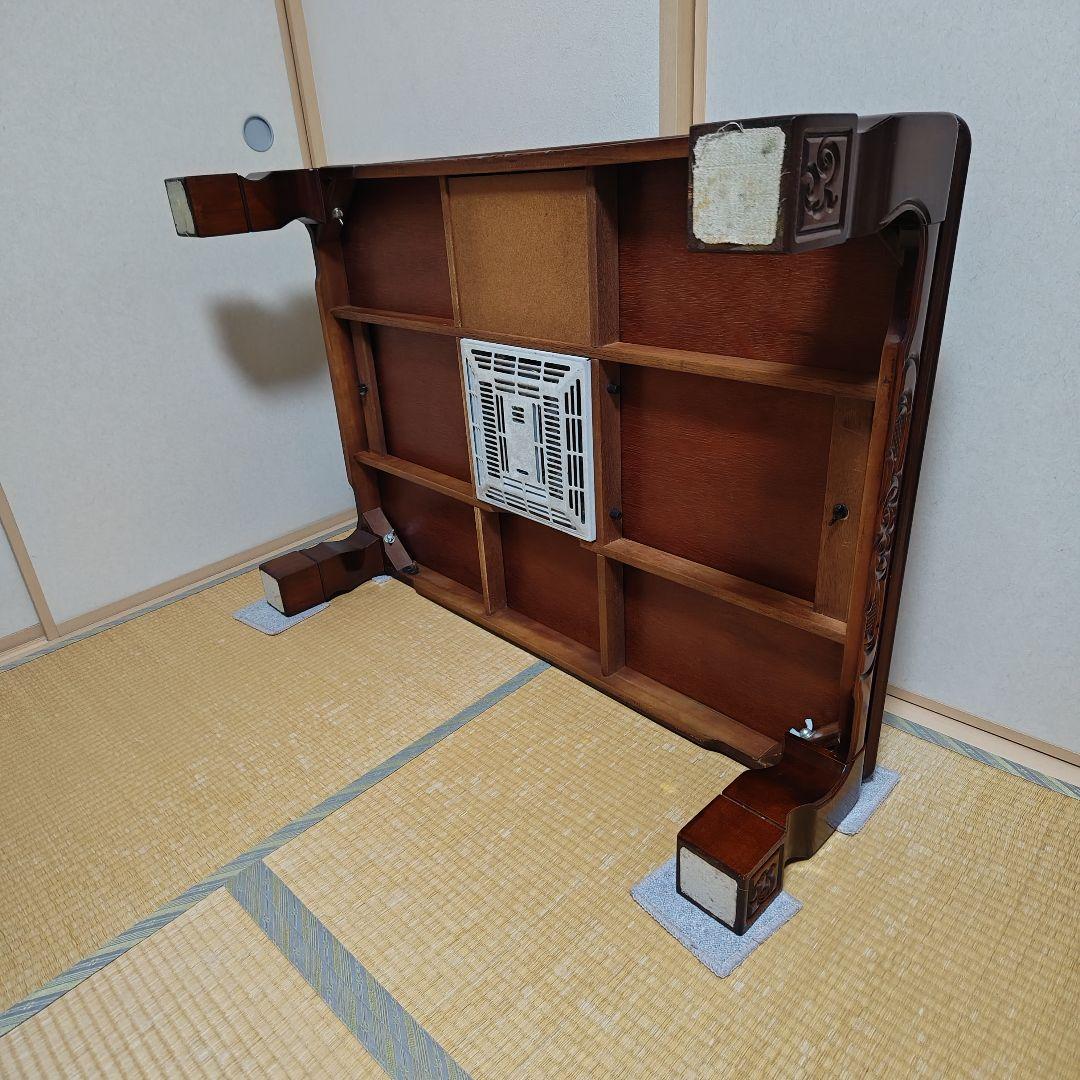 木製座卓(電気こたつ機能有り )ダークブラウン 彫刻装飾(0360)