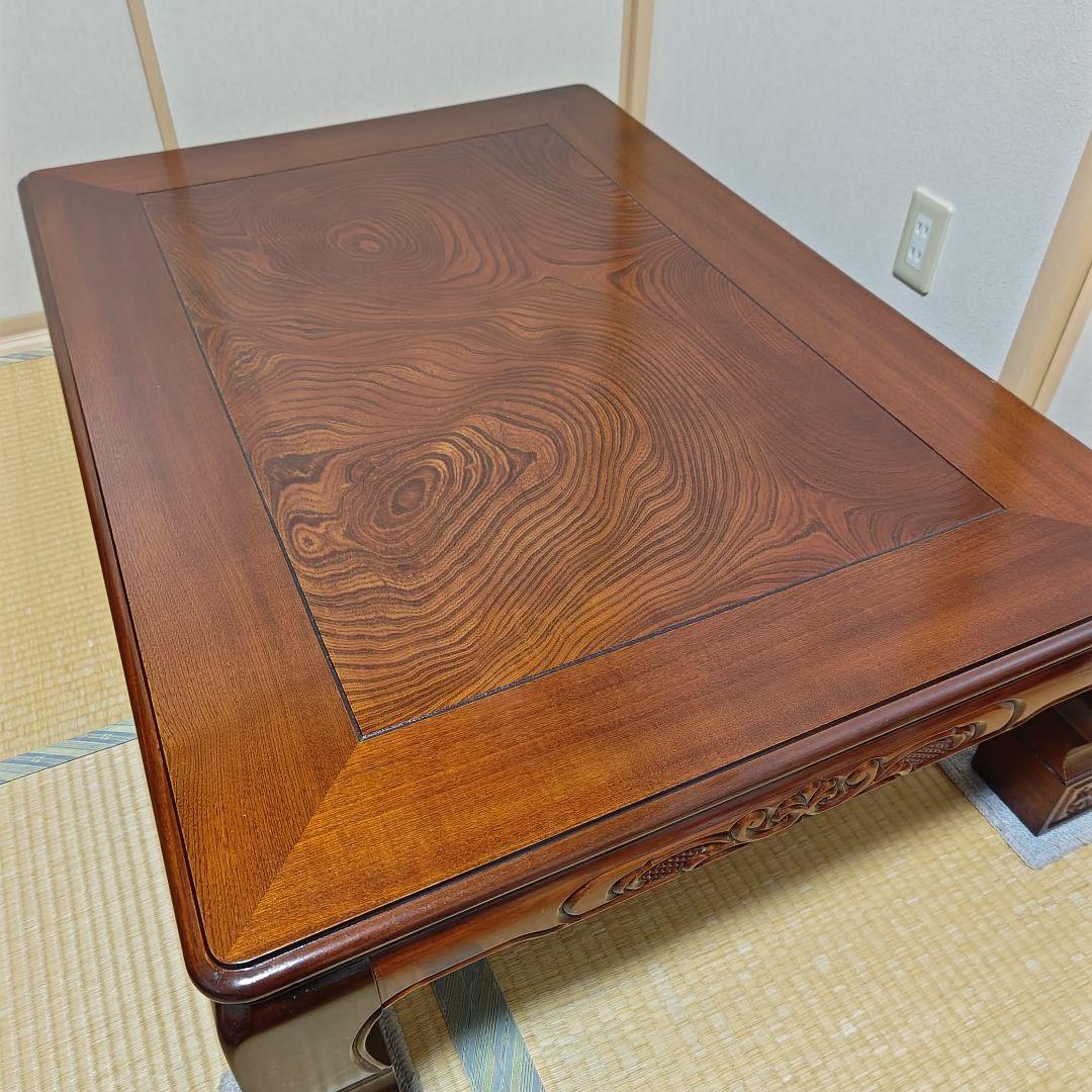 木製座卓(電気こたつ機能有り )ダークブラウン 彫刻装飾(0360)