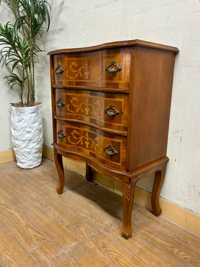 管452☆イタリア製☆アンティーク☆象嵌細工☆猫脚☆3段チェスト