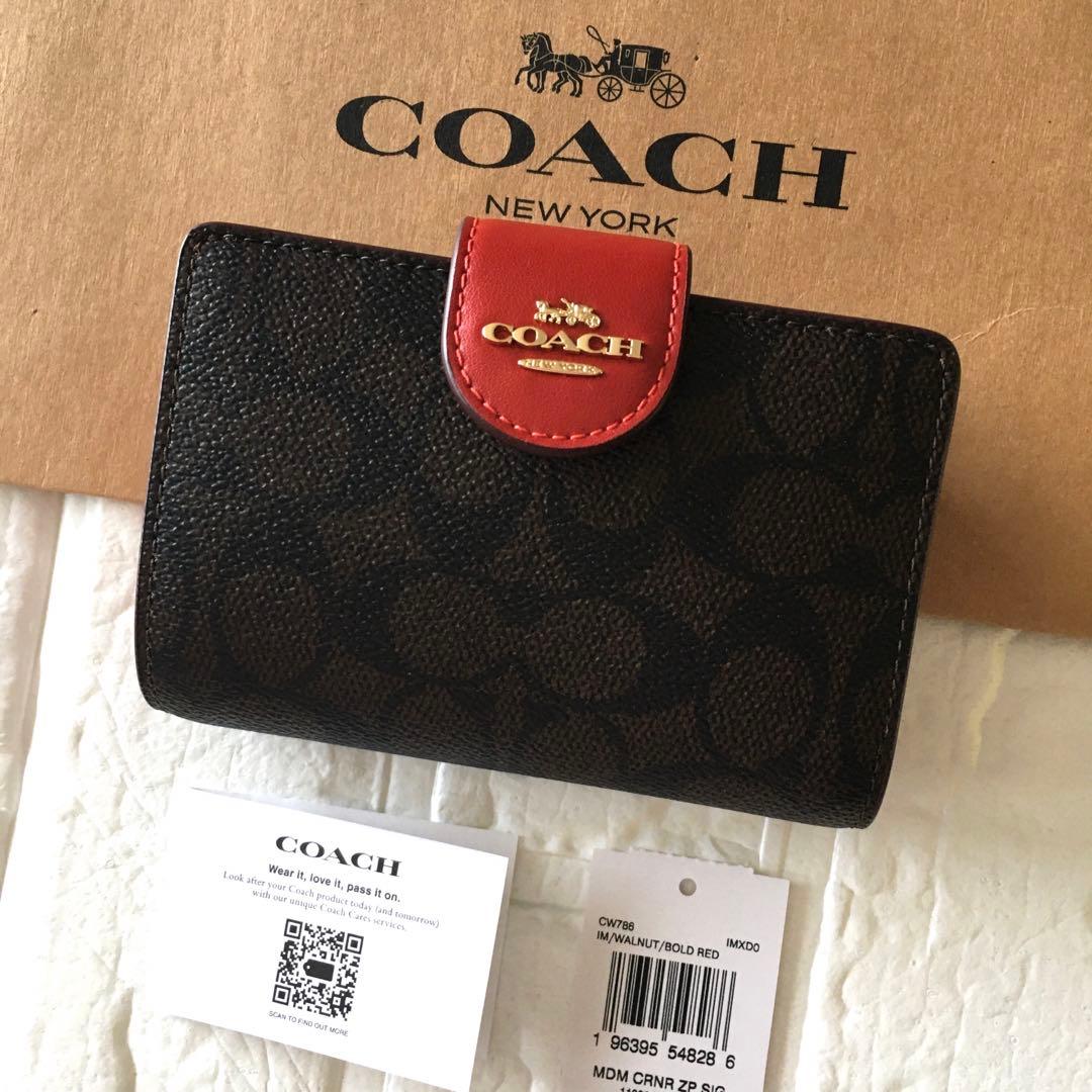 新品 コーチ COACH 二つ折り 財布 ブラウン レッド