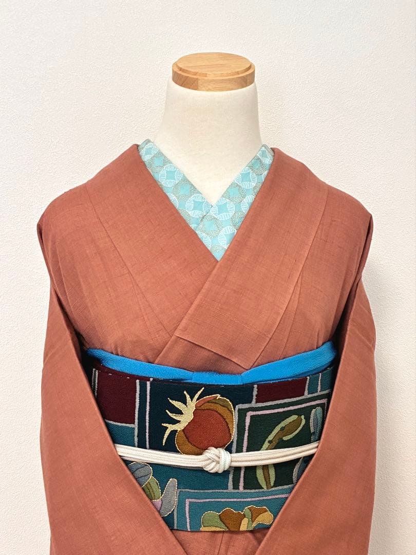 袷　紬　結城紬　浅緋色　裄67cm 無地紬　正絹　半衿おまけ付き