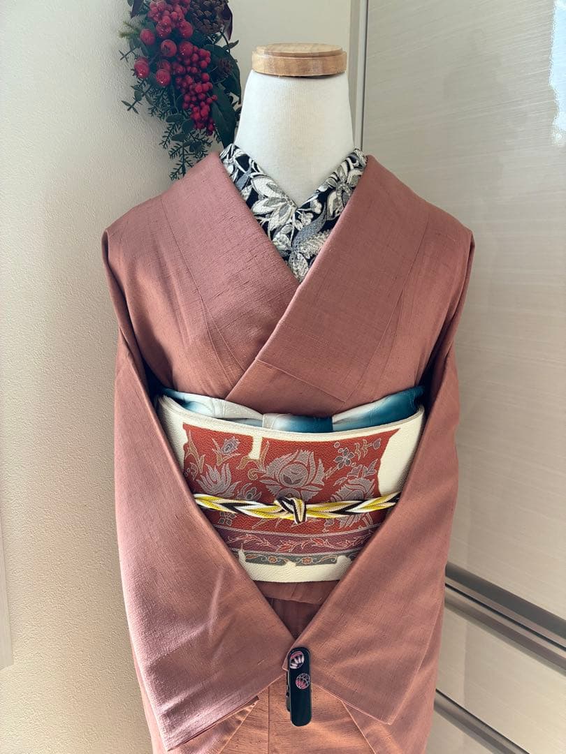 袷　紬　結城紬　浅緋色　裄67cm 無地紬　正絹　半衿おまけ付き