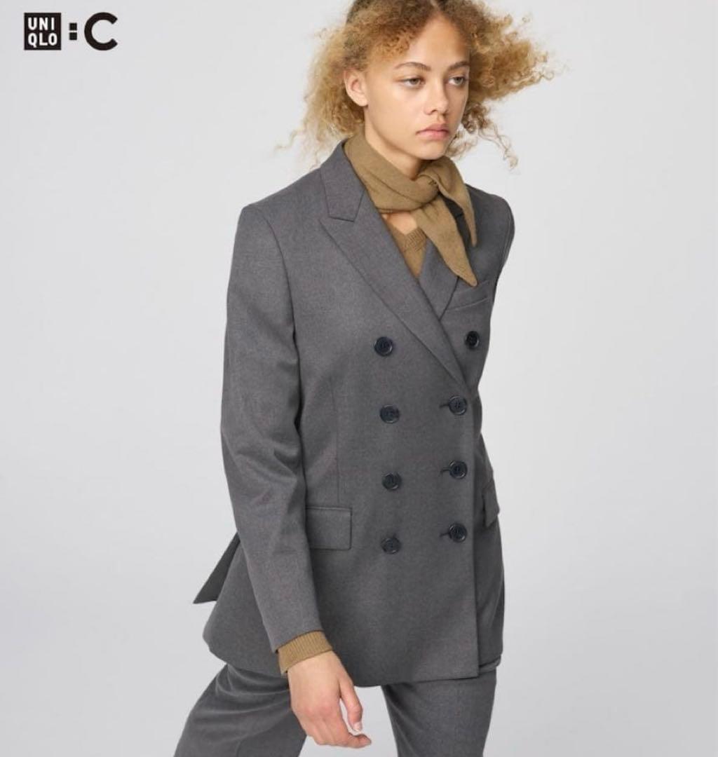 美品25年UNIQLO:C テーラードジャケット ダブルブレスト グレー L
