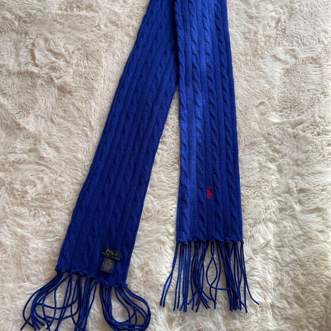 美品 ポロラルフローレン カシミヤ ケーブルニットマフラー ポニー刺繍 ブルー