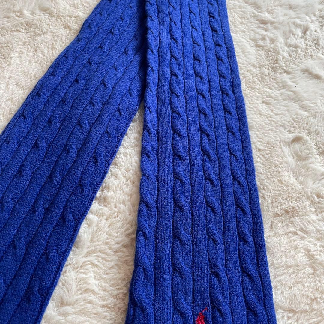 美品 ポロラルフローレン カシミヤ ケーブルニットマフラー ポニー刺繍 ブルー