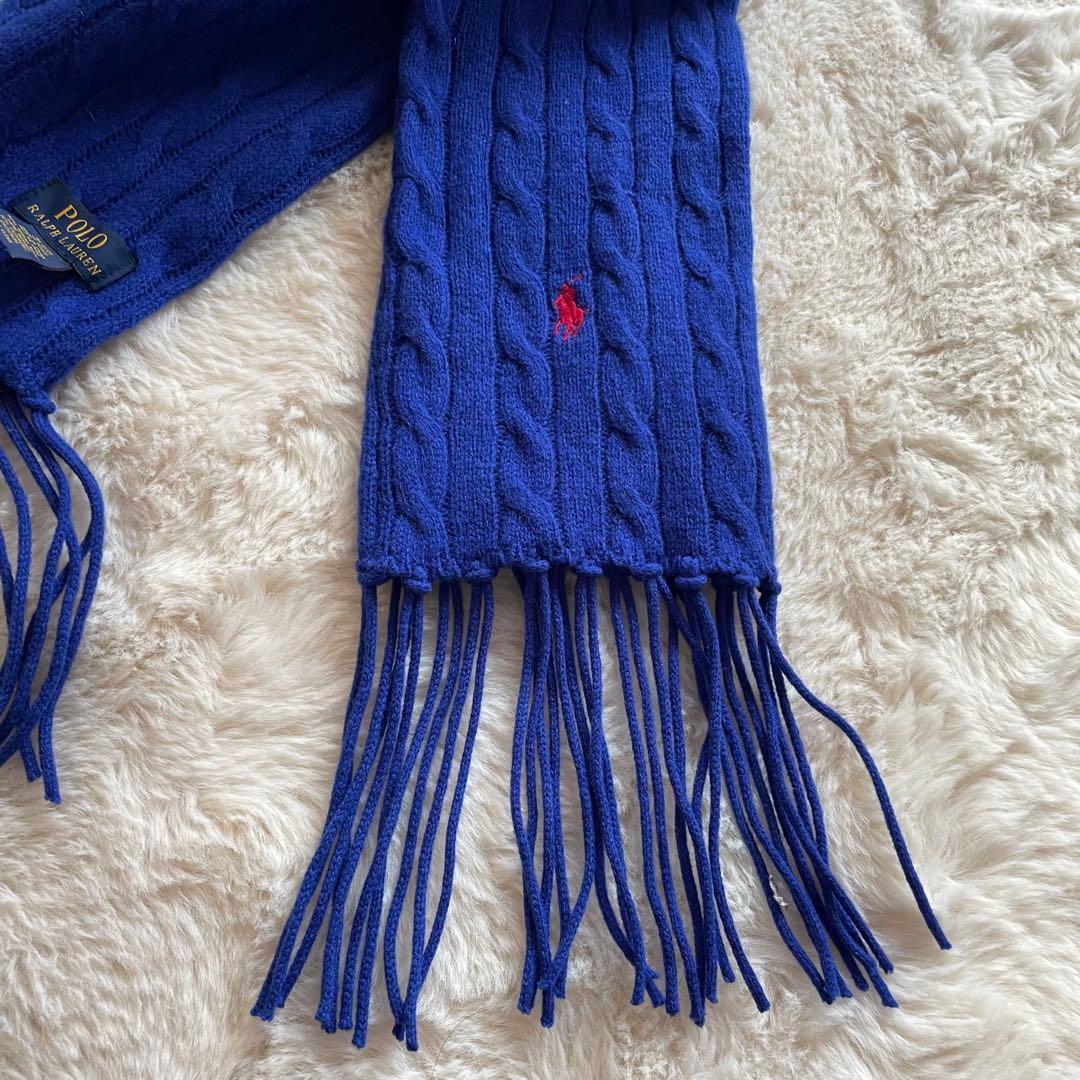 美品 ポロラルフローレン カシミヤ ケーブルニットマフラー ポニー刺繍 ブルー