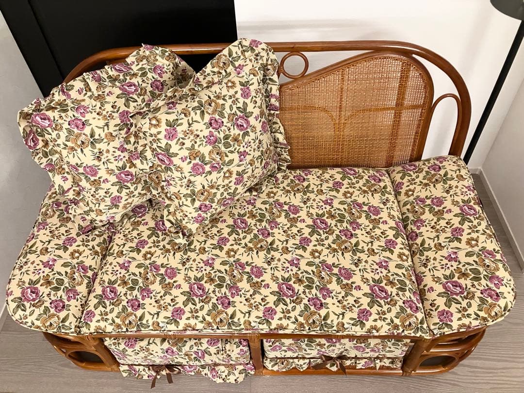 美品 ラタン ソファ ハイバックカウチ 幅120cm 昭和レトロ クッション付き