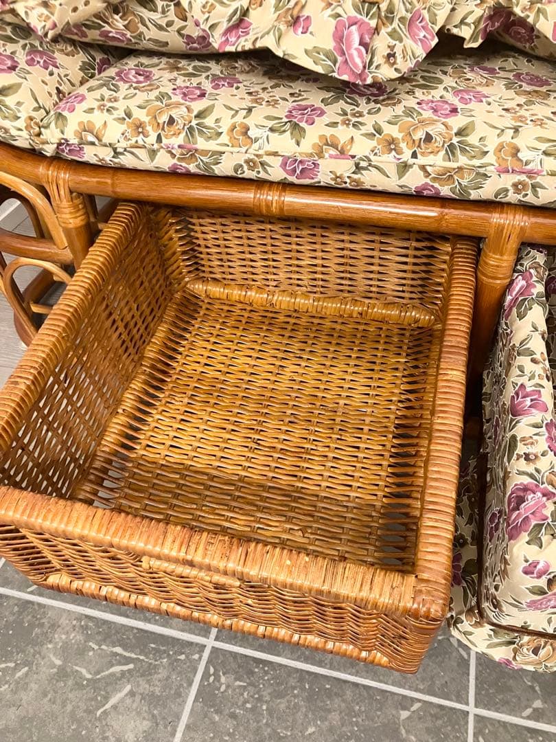 美品 ラタン ソファ ハイバックカウチ 幅120cm 昭和レトロ クッション付き