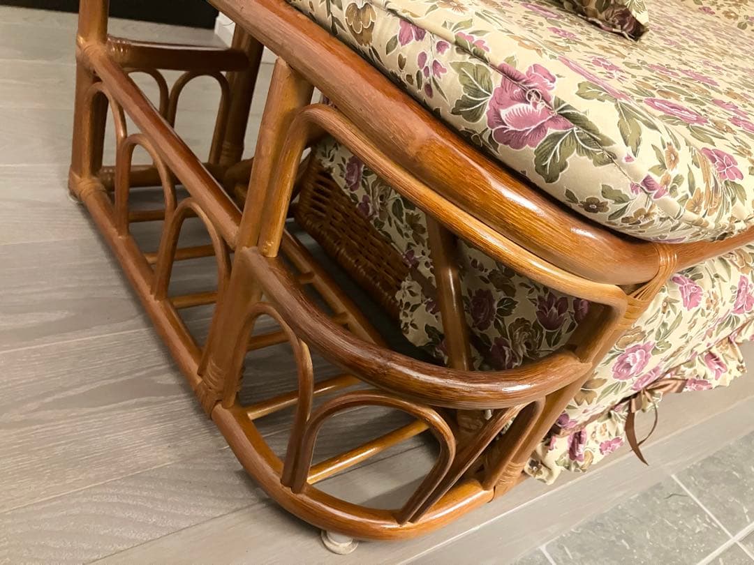 美品 ラタン ソファ ハイバックカウチ 幅120cm 昭和レトロ クッション付き
