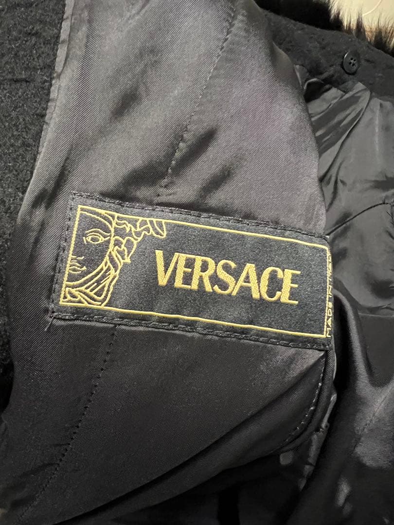 ☆VERSACE ヴェルサーチ　ファー付きカシミヤ混ロングコート☆