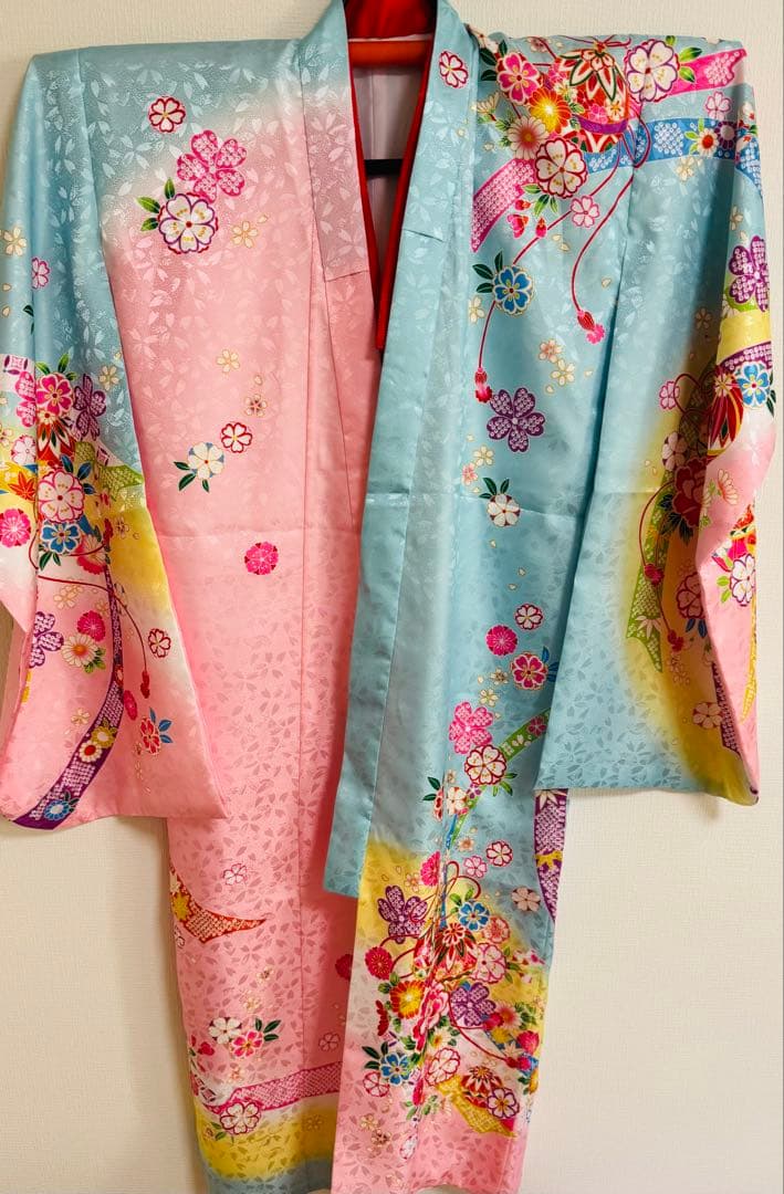 子供用着物セット 青ピンク花柄