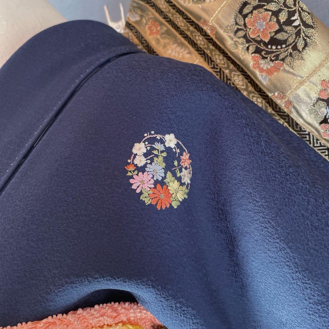 振袖フルセット　手染め色無地　成人式振袖　振袖　裄丈68 紺色　➕サイズ