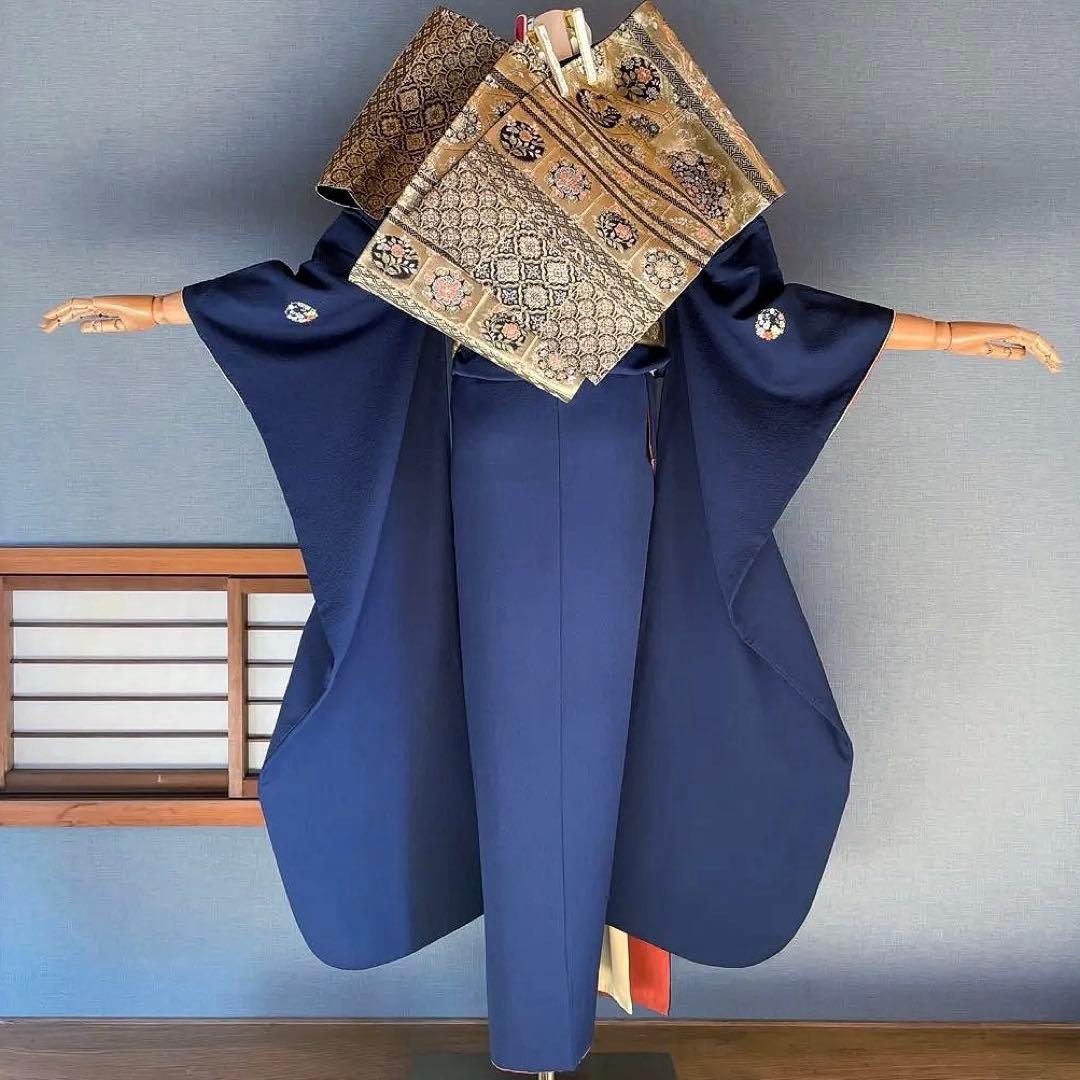 振袖フルセット　手染め色無地　成人式振袖　振袖　裄丈68 紺色　➕サイズ