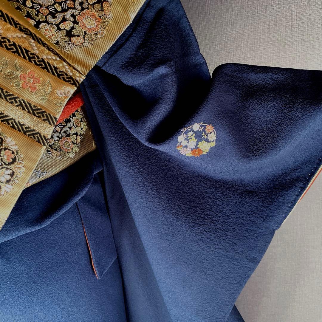 振袖フルセット　手染め色無地　成人式振袖　振袖　裄丈68 紺色　➕サイズ