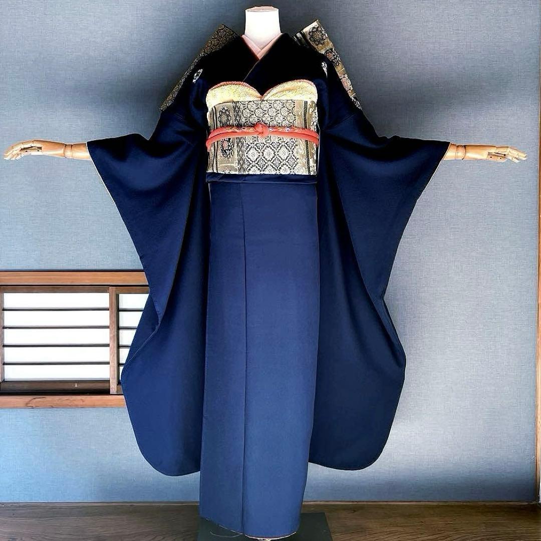 振袖フルセット　手染め色無地　成人式振袖　振袖　裄丈68 紺色　➕サイズ