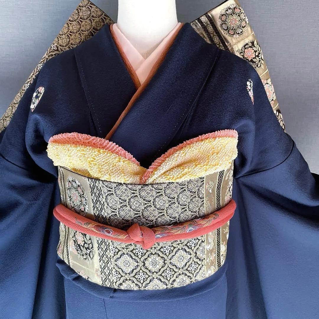 振袖フルセット　手染め色無地　成人式振袖　振袖　裄丈68 紺色　➕サイズ