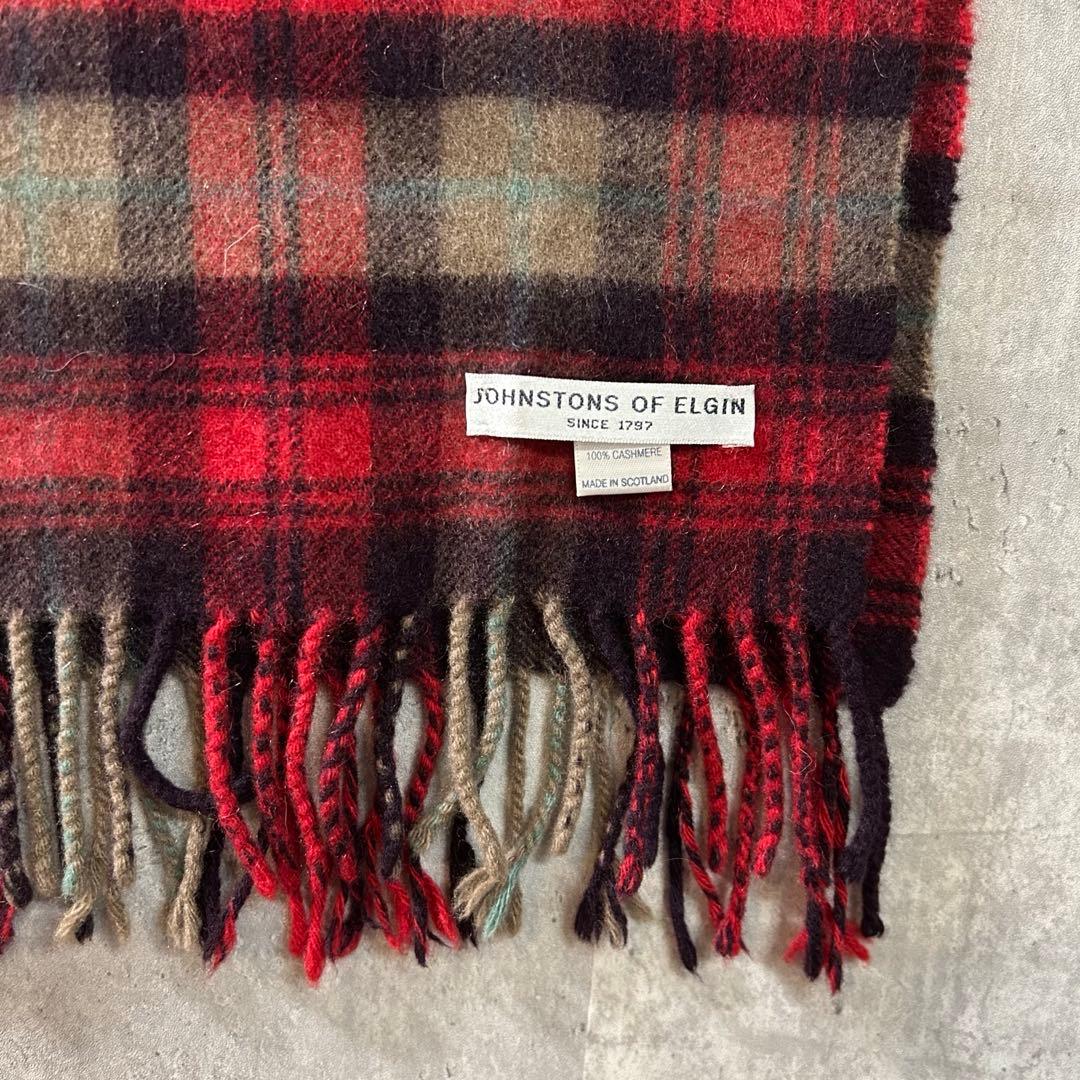 JOHNSTONSカシミヤ100% チェック マフラー レッド スコットランド製
