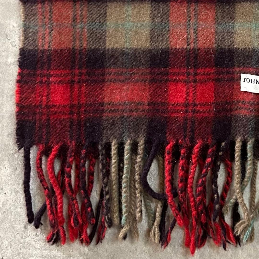 JOHNSTONSカシミヤ100% チェック マフラー レッド スコットランド製