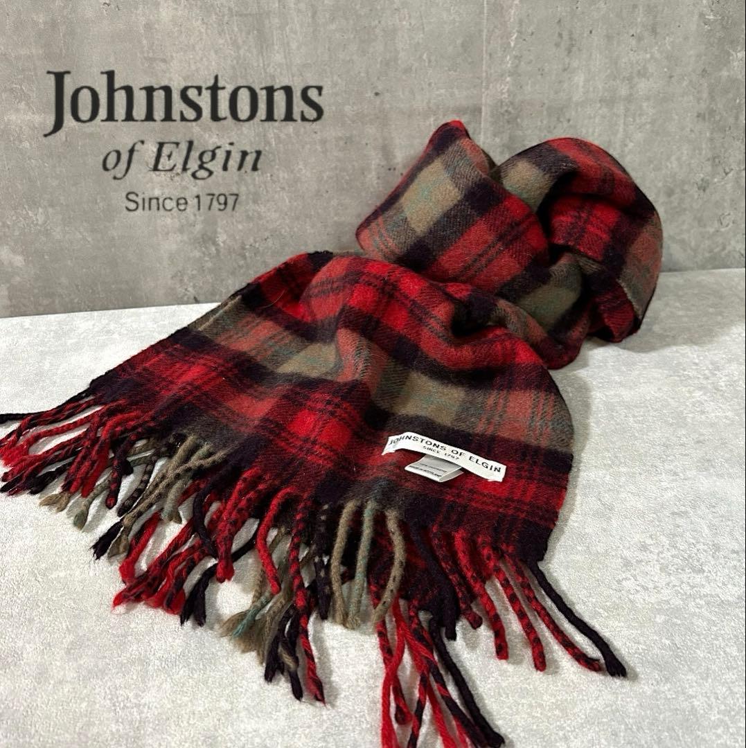 JOHNSTONSカシミヤ100% チェック マフラー レッド スコットランド製