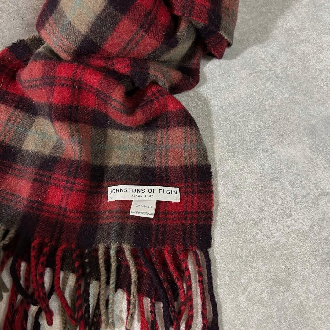 JOHNSTONSカシミヤ100% チェック マフラー レッド スコットランド製