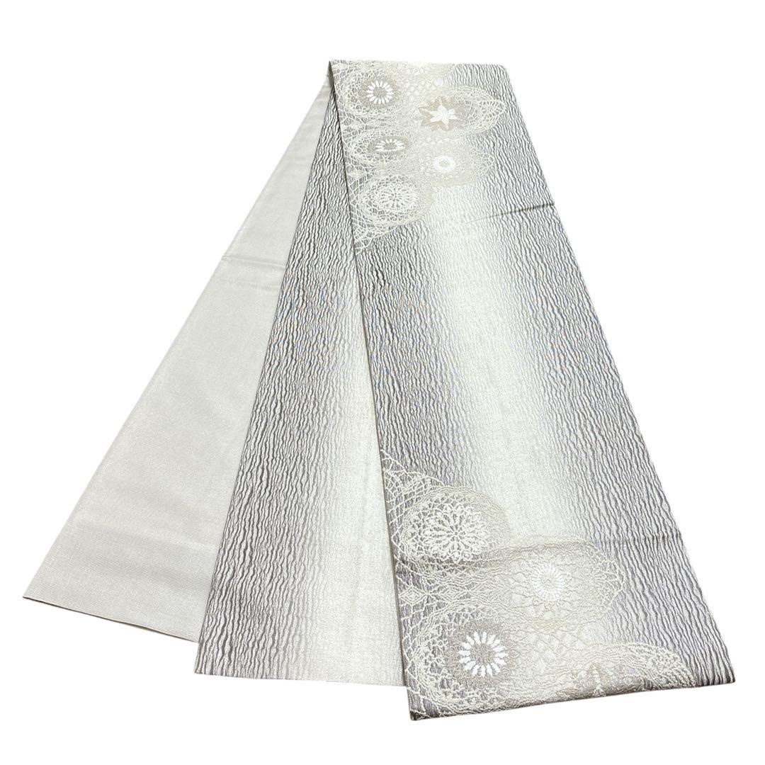 AA11袋帯 大太鼓 レース花柄　変わり織　ループ織　銀と銀通　正絹 美品 着物