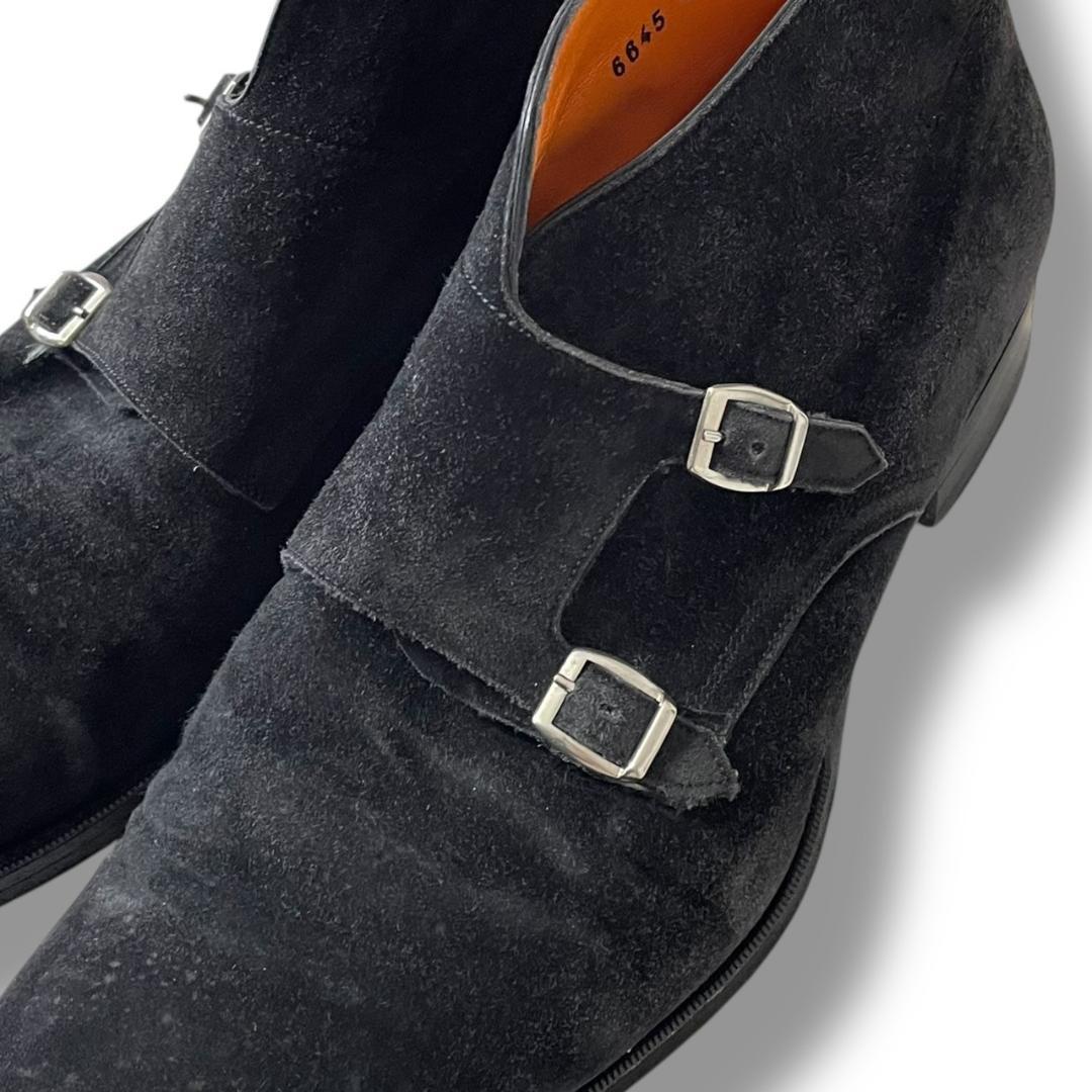 サントー二　スエード　ダブルモンク　ブラック　ビジネスシューズ