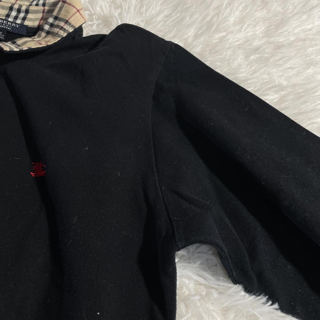 90s 英国製 バーバリーロンドン ノバチェック 襟 長袖 ポロシャツ M 黒