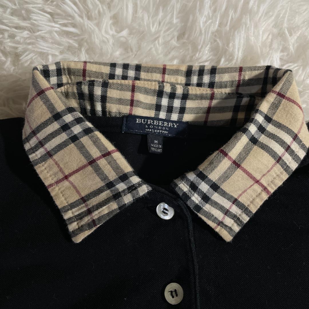 90s 英国製 バーバリーロンドン ノバチェック 襟 長袖 ポロシャツ M 黒