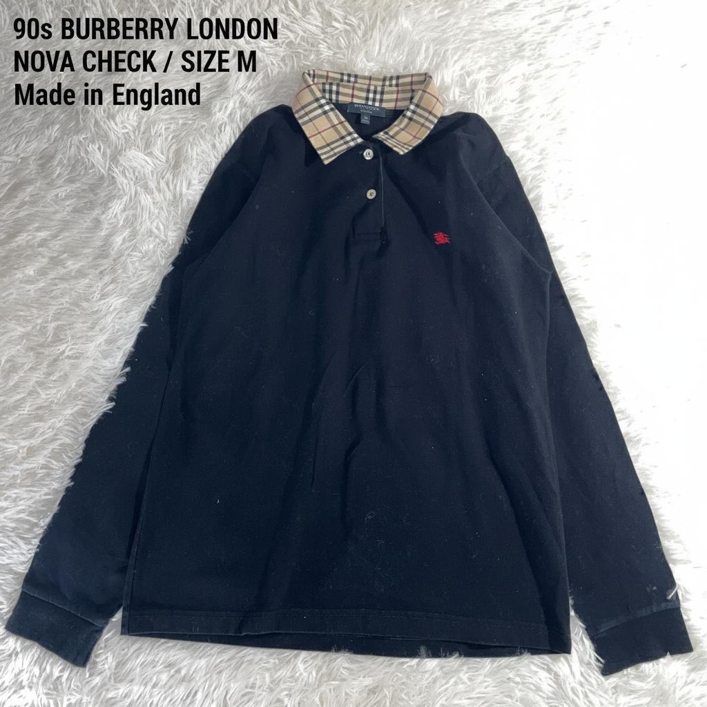 90s 英国製 バーバリーロンドン ノバチェック 襟 長袖 ポロシャツ M 黒