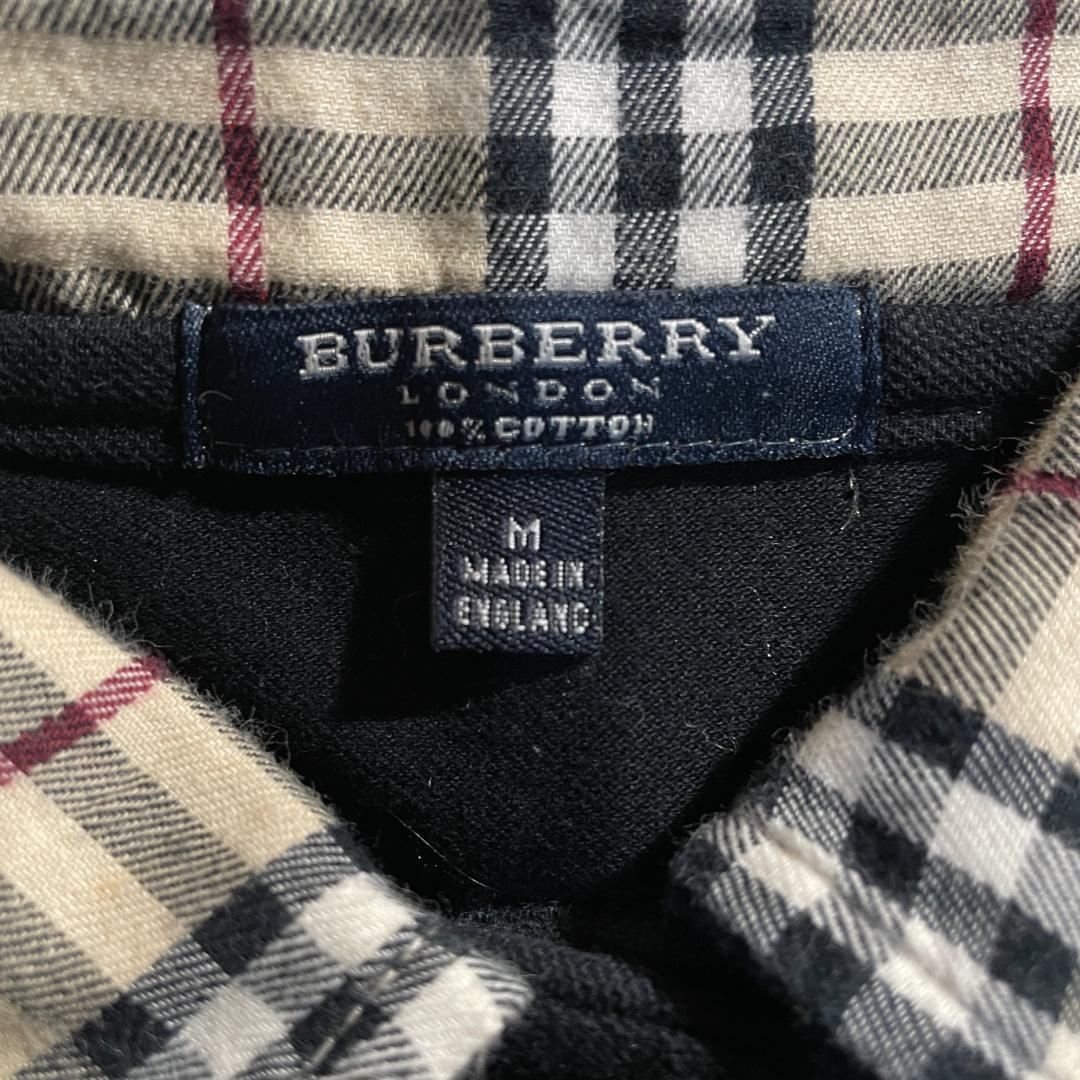 90s 英国製 バーバリーロンドン ノバチェック 襟 長袖 ポロシャツ M 黒
