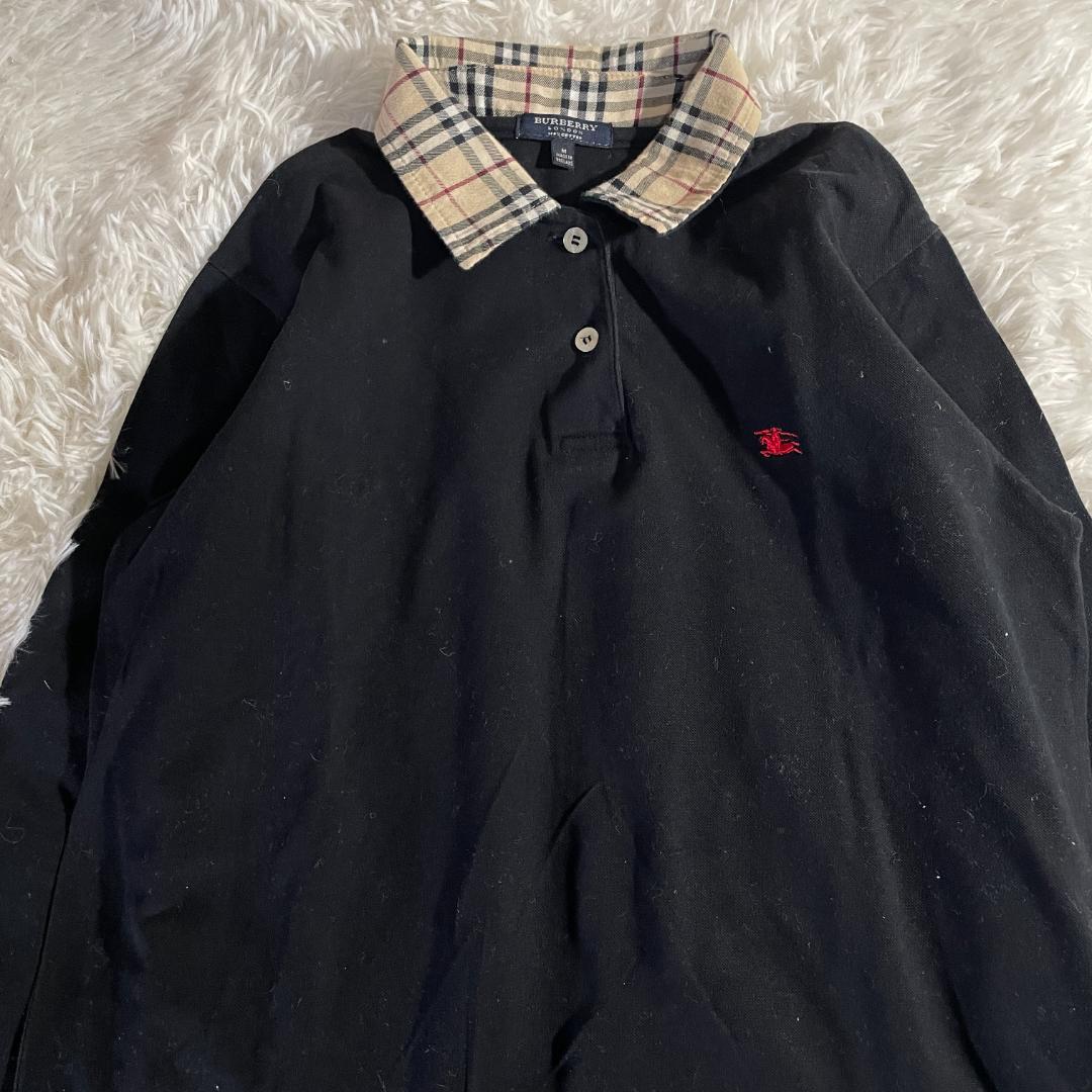 90s 英国製 バーバリーロンドン ノバチェック 襟 長袖 ポロシャツ M 黒