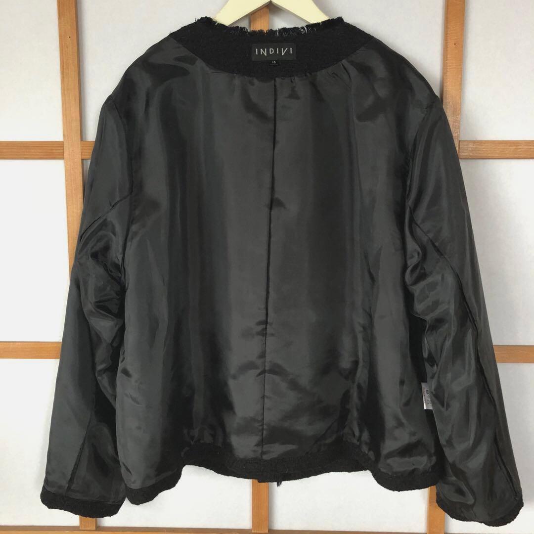 美品　インディヴィ　大きいサイズ　レディース　ノーカラー　ジャケット　黒　3L