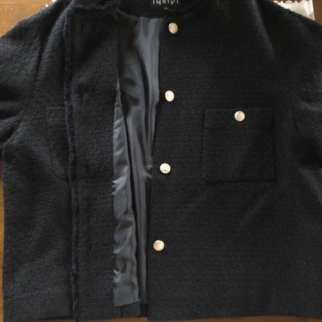 美品　インディヴィ　大きいサイズ　レディース　ノーカラー　ジャケット　黒　3L