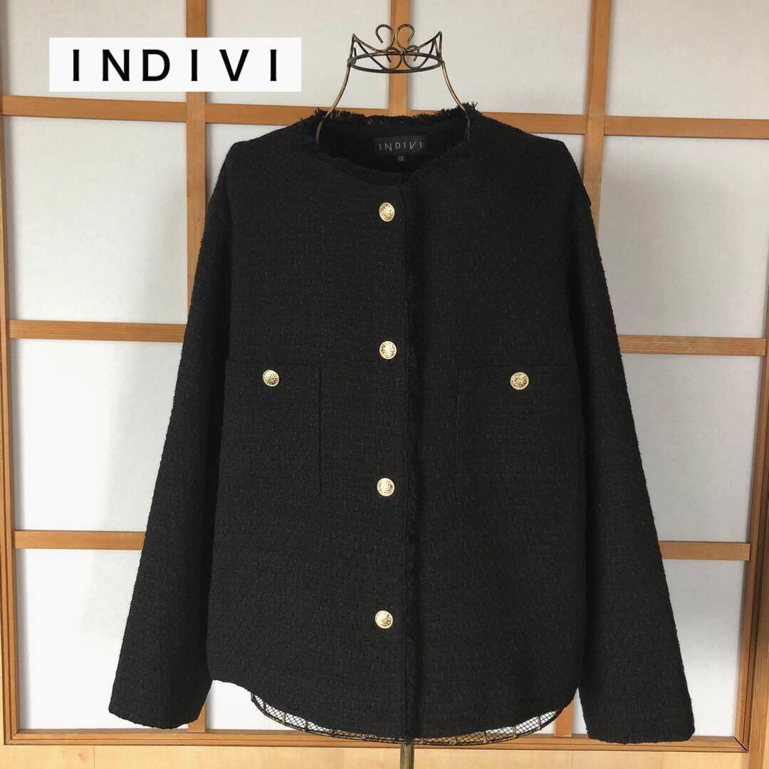 美品　インディヴィ　大きいサイズ　レディース　ノーカラー　ジャケット　黒　3L