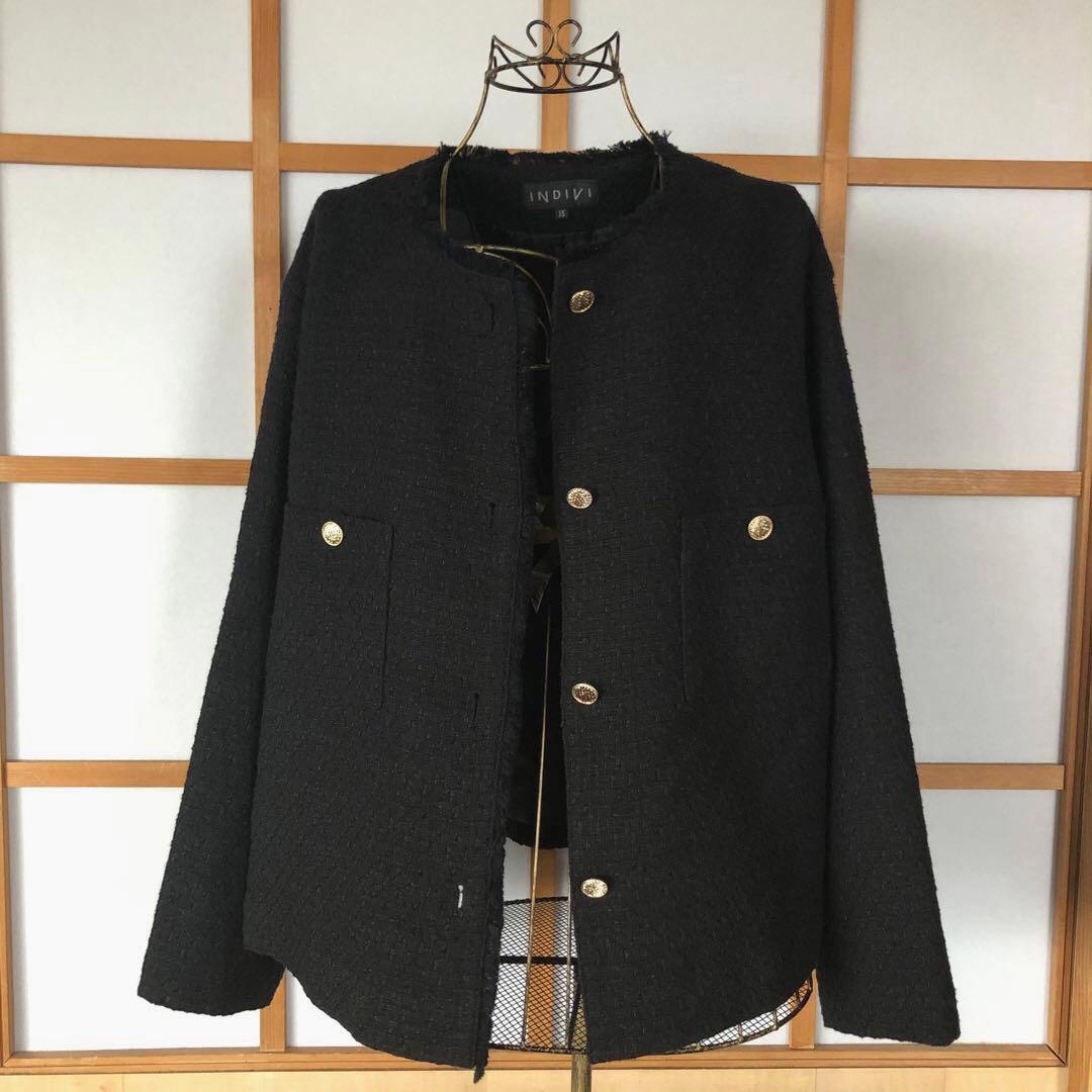美品　インディヴィ　大きいサイズ　レディース　ノーカラー　ジャケット　黒　3L