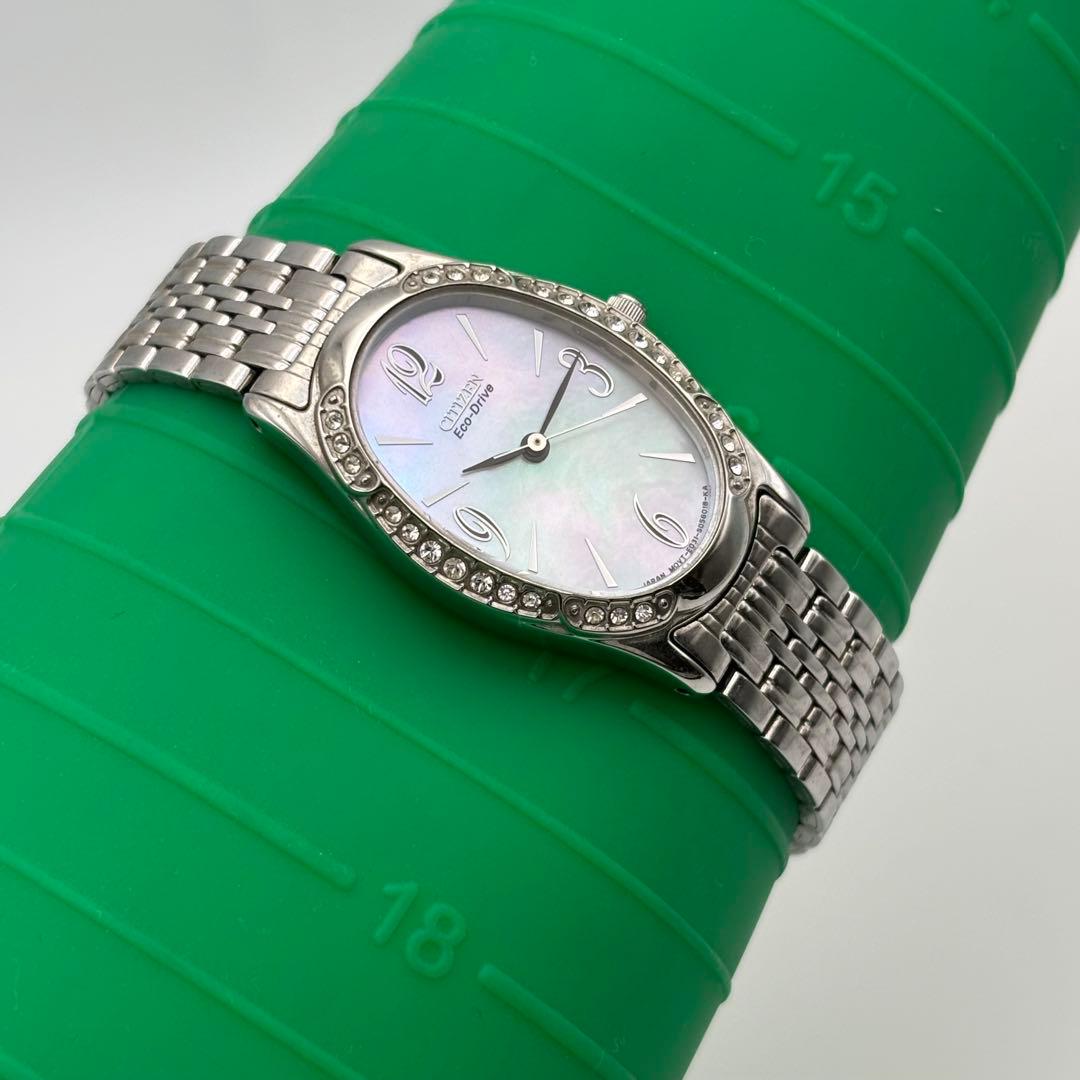 美品✨CITIZEN Eco-Drive 腕時計 シェル文字盤 ストーンベゼル