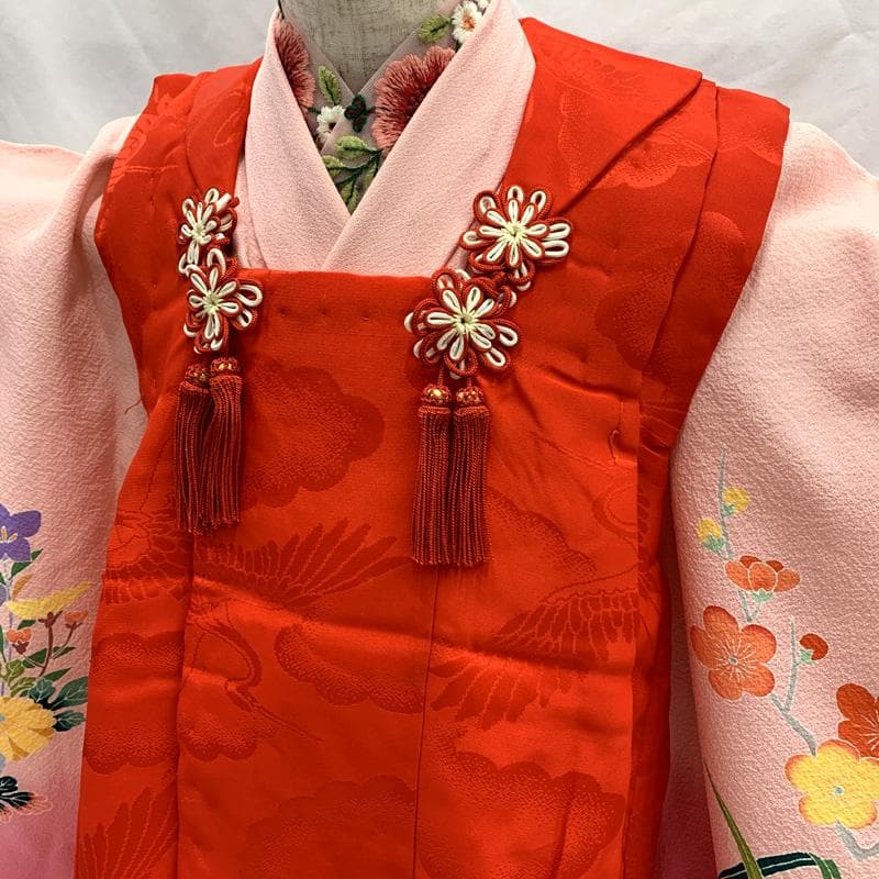 512ag68□七五三 三歳 女児 着物&被布 花車文 ピンク□美品